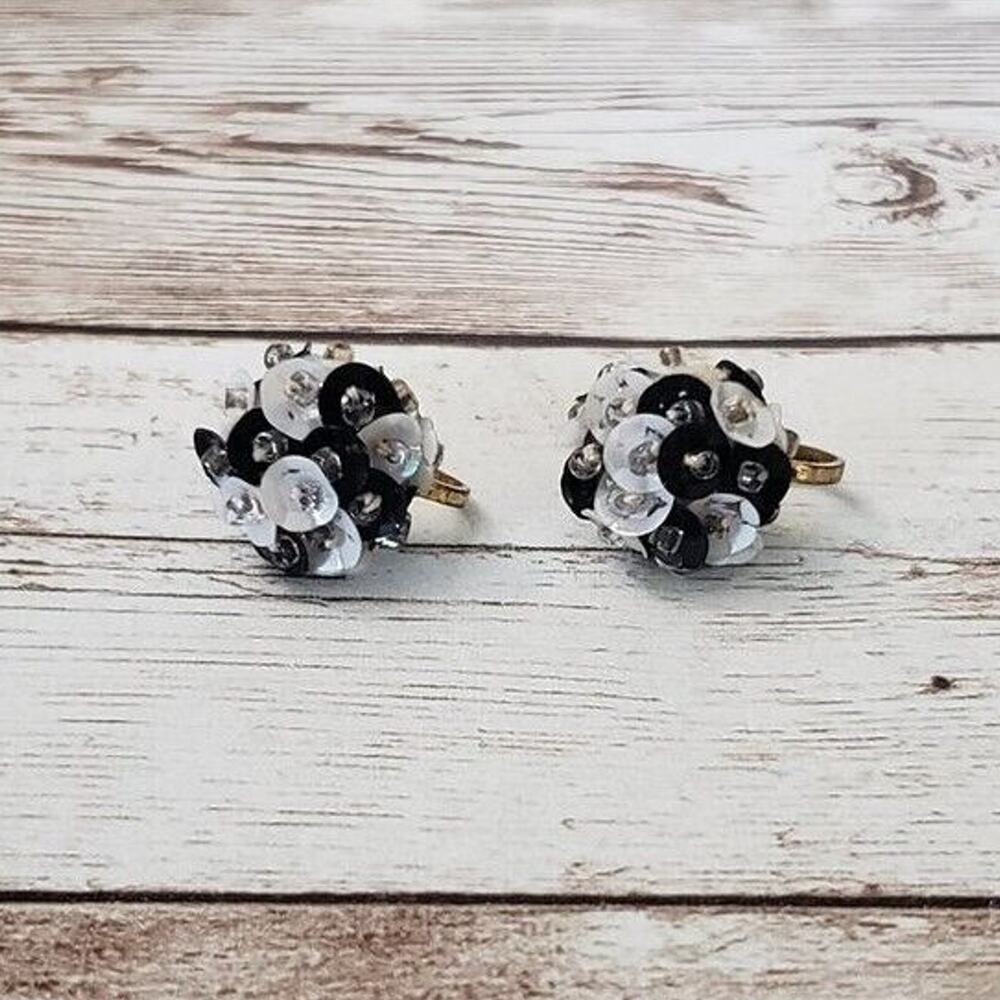 Vintage Screw Back Earrings Black & White Sequin Cluster Just Over 0.5"